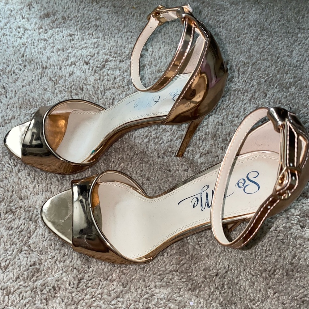 Rose gold shiny ankle strap heels